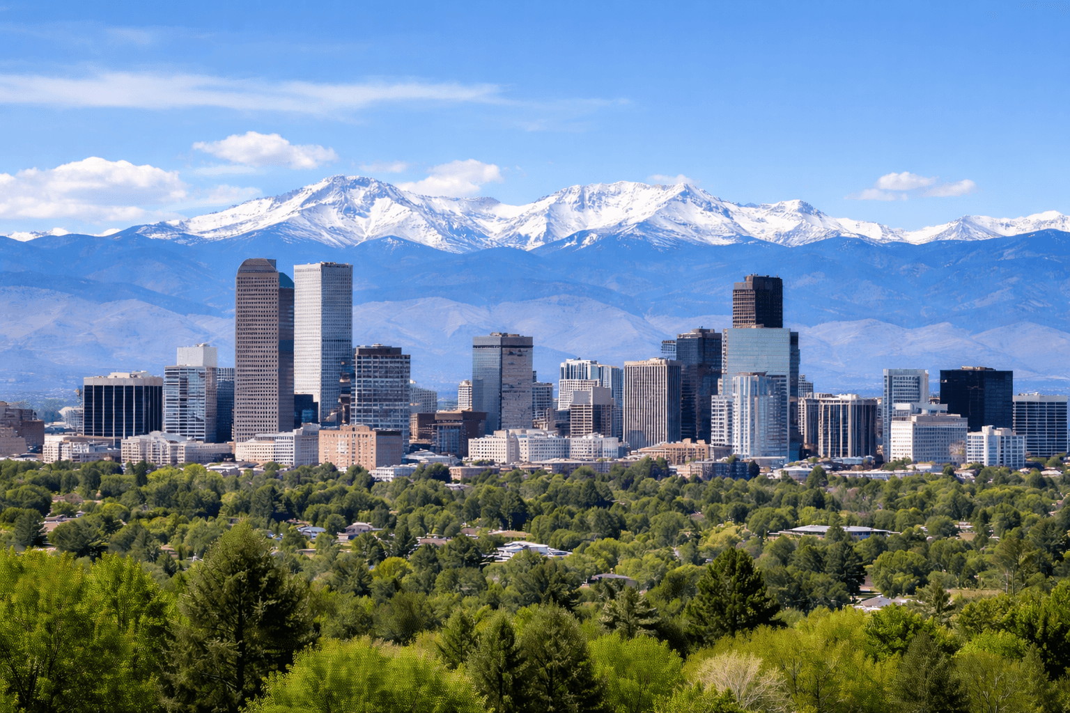 Denver skyline with the Rocky Mountains in Colorado